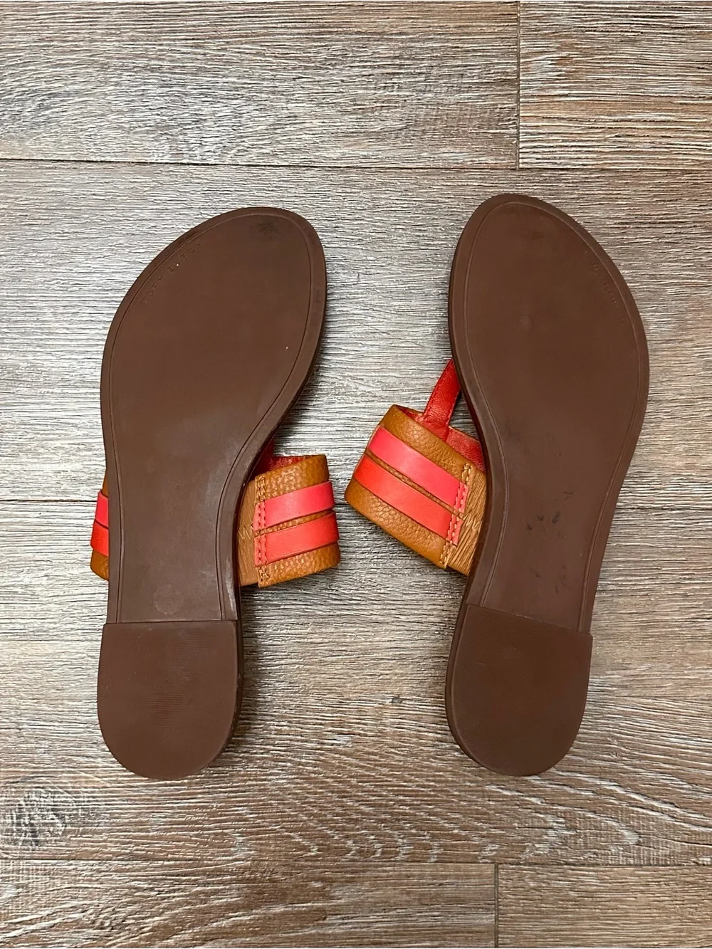 Tory Burch Tan Leather Slide Sandals with Coral Accents